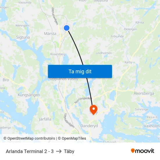 Arlanda Terminal 2 - 3 to Täby map