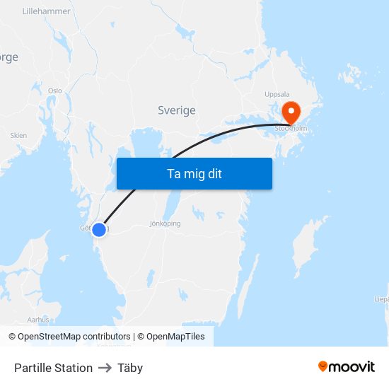 Partille Station to Täby map