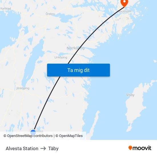Alvesta Station to Täby map