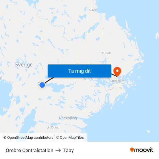 Örebro Centralstation to Täby map