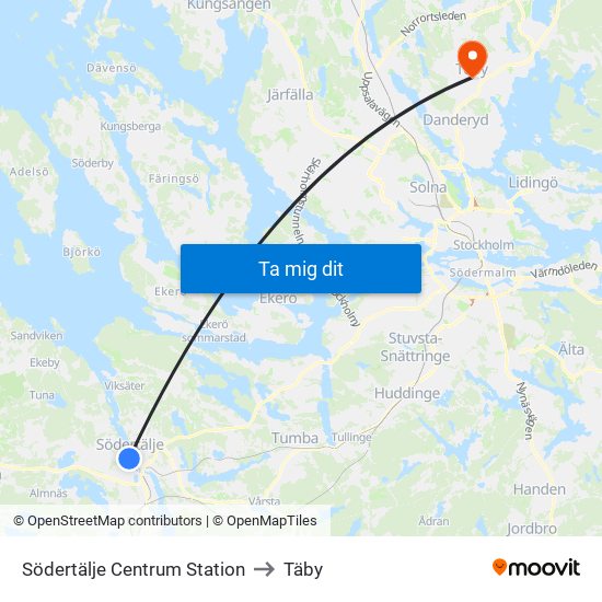 Södertälje Centrum Station to Täby map