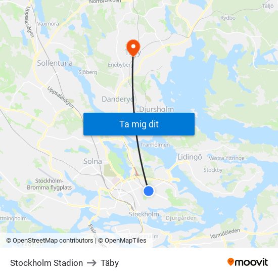 Stockholm Stadion to Täby map