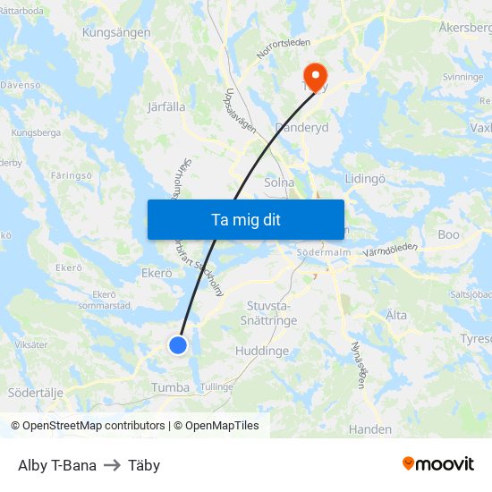 Alby T-Bana to Täby map