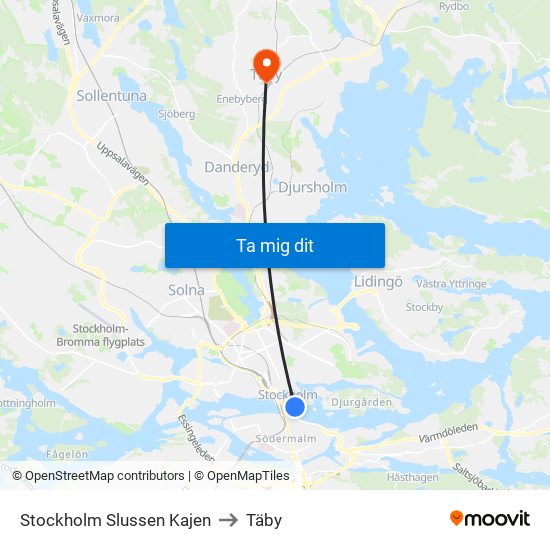 Stockholm Slussen Kajen to Täby map