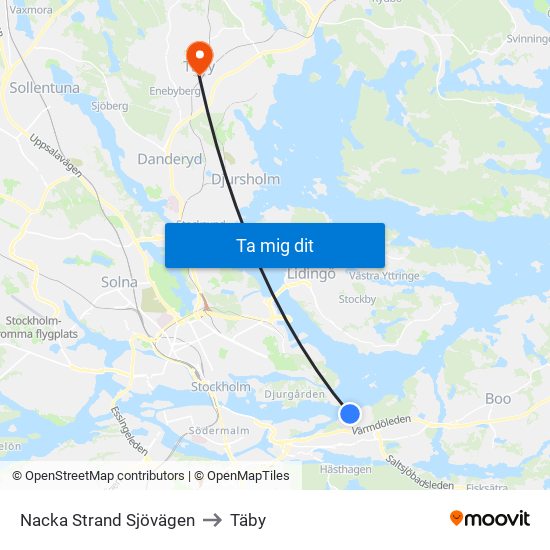 Nacka Strand Sjövägen to Täby map