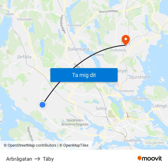 Arbrågatan to Täby map