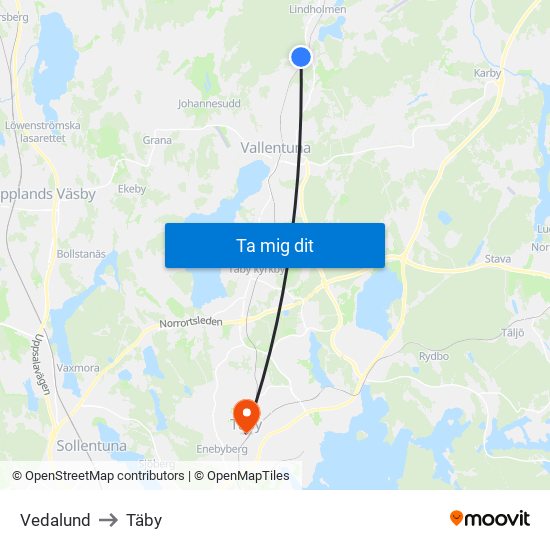 Vedalund to Täby map