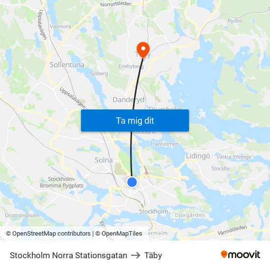 Stockholm Norra Stationsgatan to Täby map