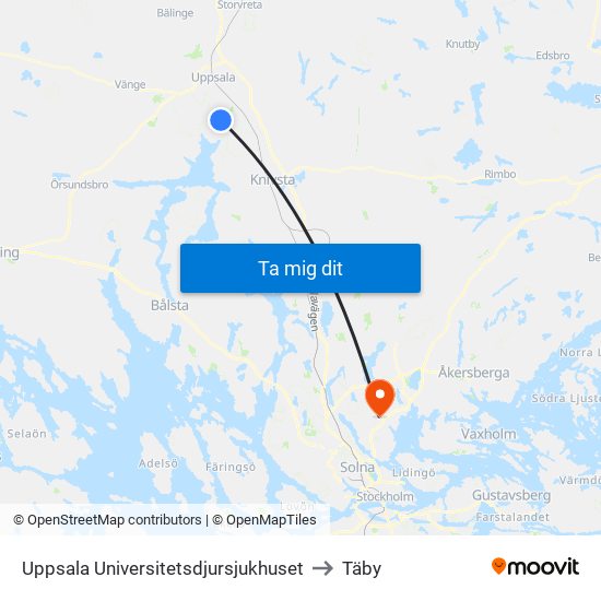 Uppsala Universitetsdjursjukhuset to Täby map