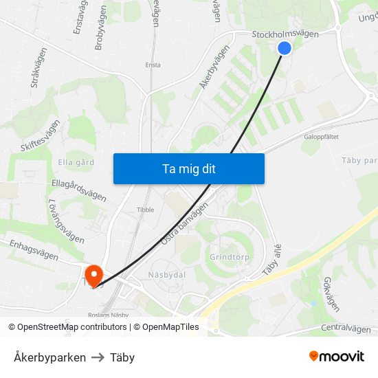 Åkerbyparken to Täby map