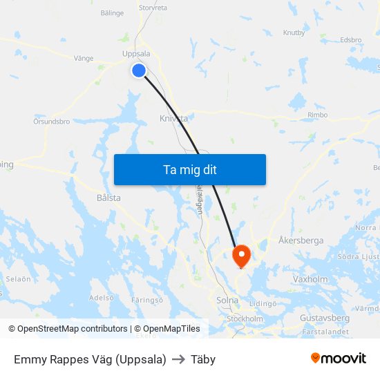 Emmy Rappes Väg (Uppsala) to Täby map