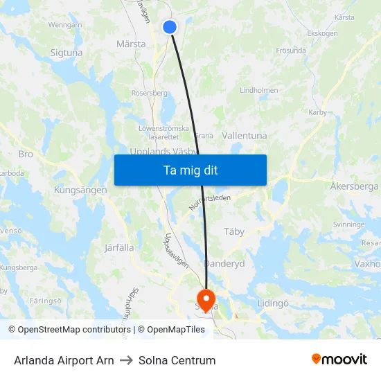 Arlanda Airport Arn to Solna Centrum map