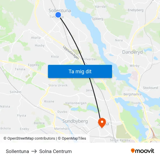 Sollentuna to Solna Centrum map