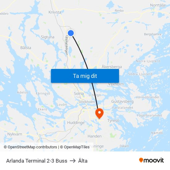 Arlanda Terminal 2-3 Buss to Älta map