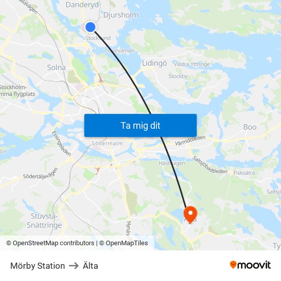 Mörby Station to Älta map
