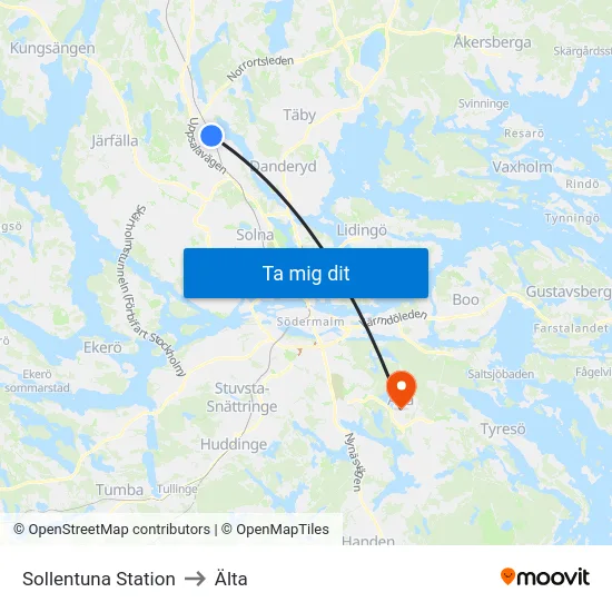 Sollentuna Station to Älta map