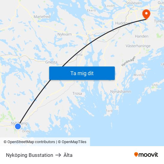 Nyköping Busstation to Älta map