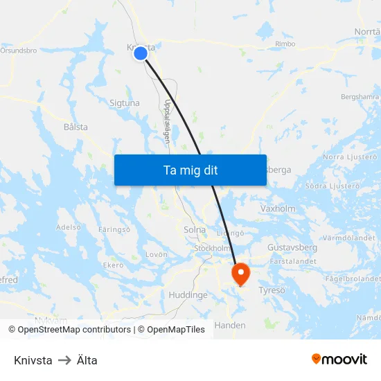 Knivsta to Älta map