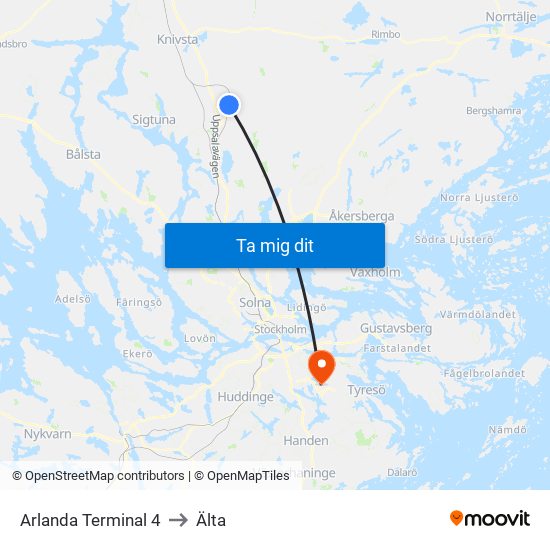 Arlanda Terminal 4 to Älta map