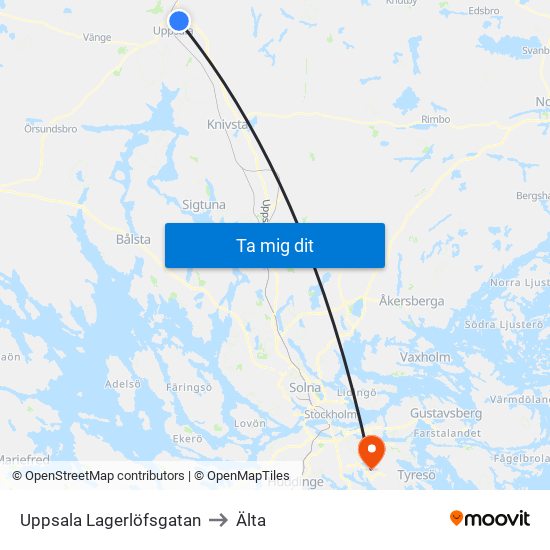 Uppsala Lagerlöfsgatan to Älta map