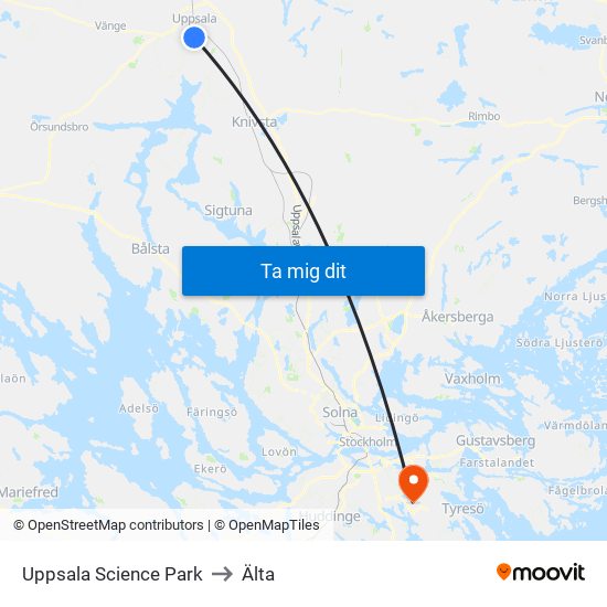 Uppsala Science Park to Älta map