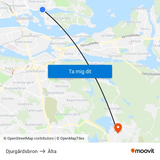 Djurgårdsbron to Älta map