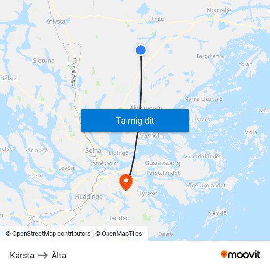 Kårsta to Älta map