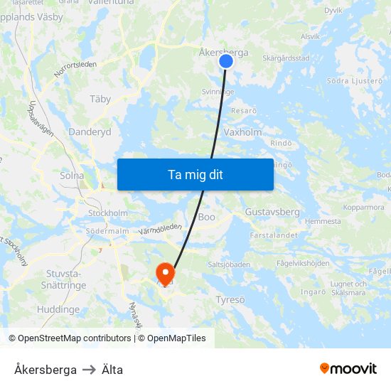 Åkersberga to Älta map