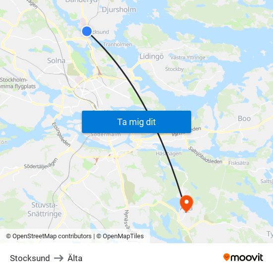 Stocksund to Älta map