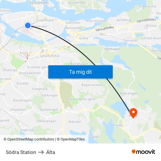 Södra Station to Älta map