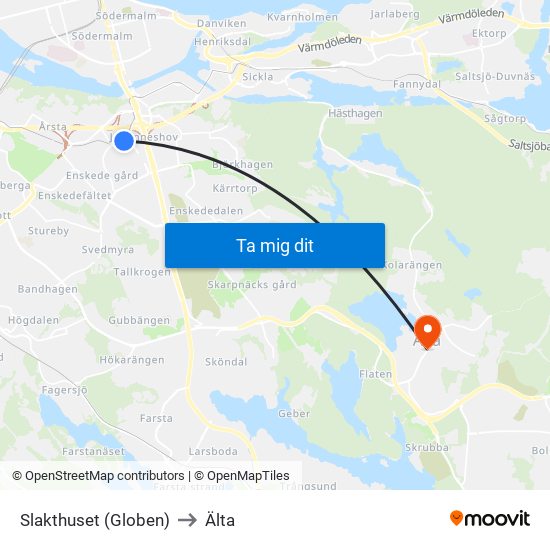 Slakthuset (Globen) to Älta map