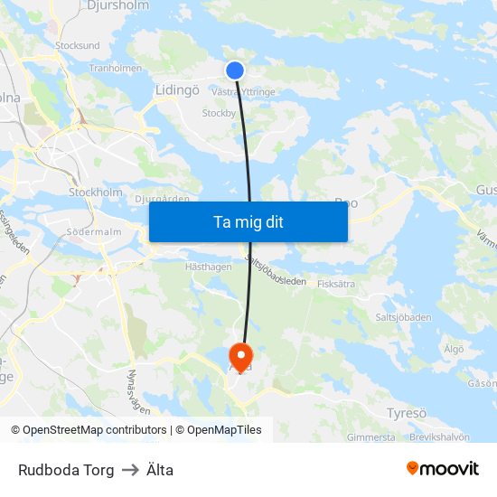 Rudboda Torg to Älta map