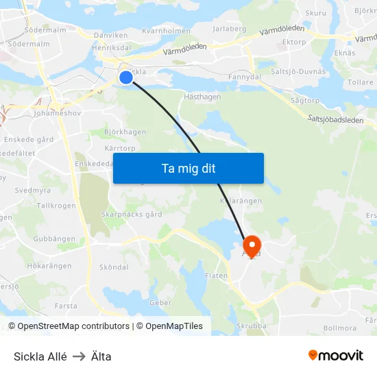 Sickla Allé to Älta map
