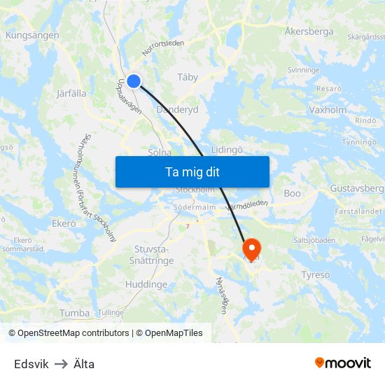 Edsvik to Älta map