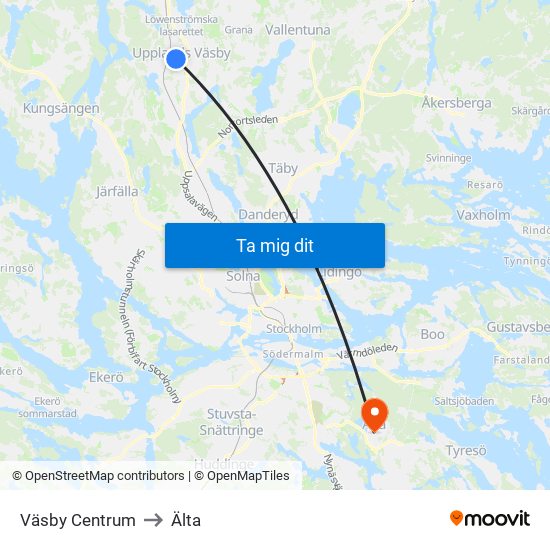 Väsby Centrum to Älta map