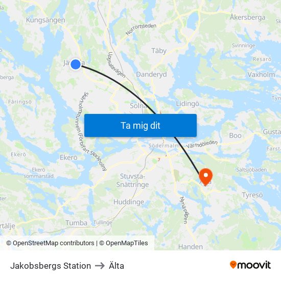 Jakobsbergs Station to Älta map