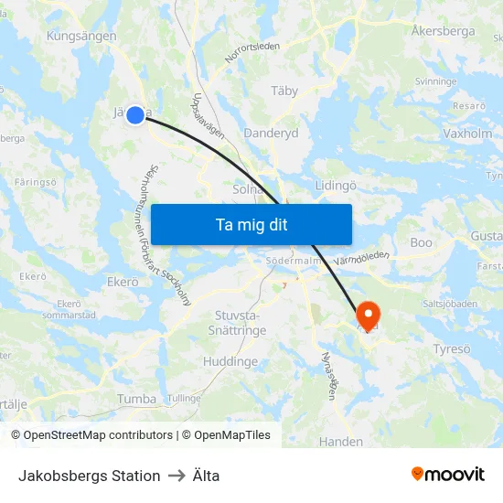 Jakobsbergs Station to Älta map