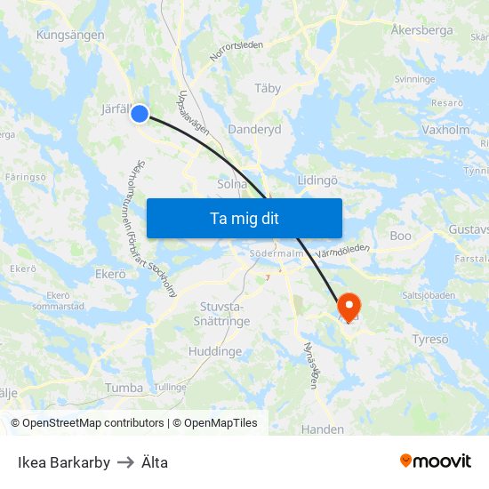 Ikea Barkarby to Älta map