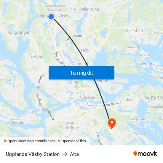 Upplands Väsby Station to Älta map