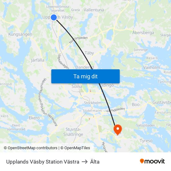 Upplands Väsby Station Västra to Älta map