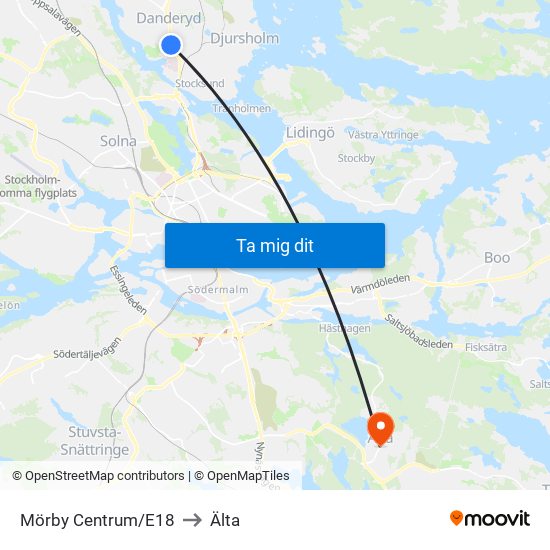 Mörby Centrum/E18 to Älta map