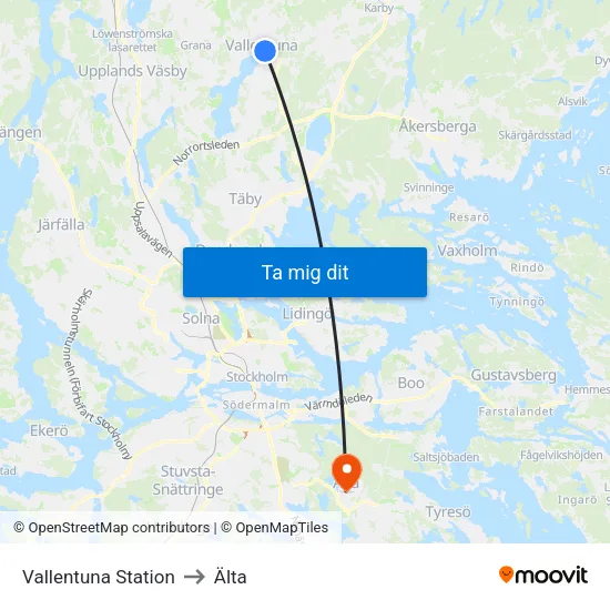 Vallentuna Station to Älta map