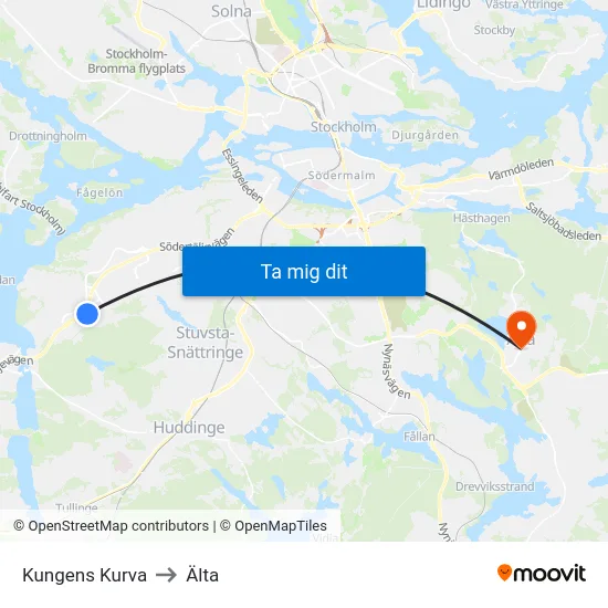 Kungens Kurva to Älta map