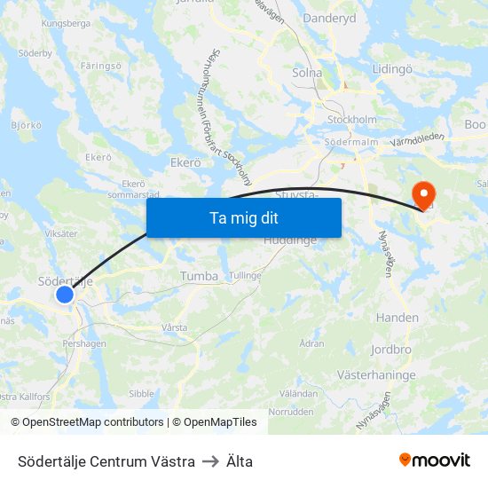 Södertälje Centrum Västra to Älta map