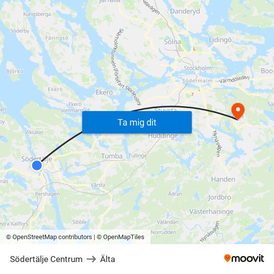 Södertälje Centrum to Älta map