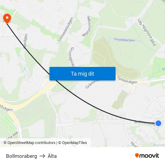 Bollmoraberg to Älta map