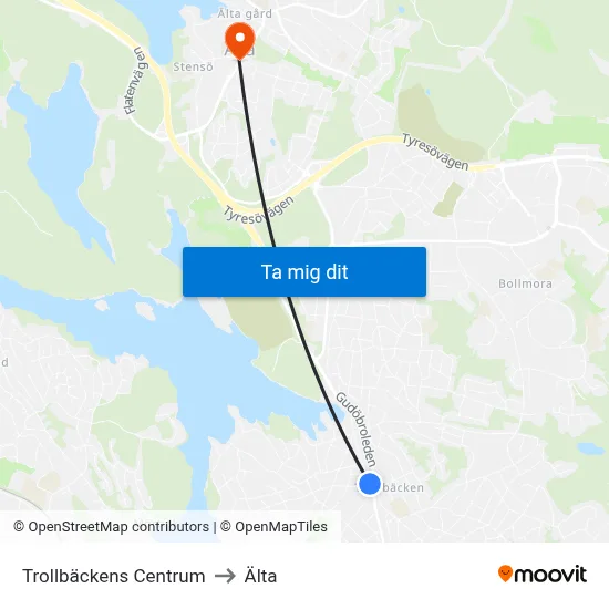 Trollbäckens Centrum to Älta map