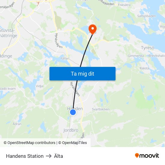 Handens Station to Älta map