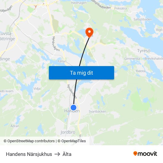 Handens Närsjukhus to Älta map