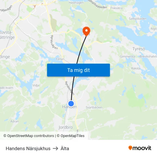 Handens Närsjukhus to Älta map